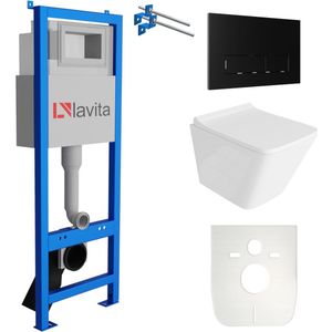 LAVITA® Inbouwreservoir Complete Toiletset LAV 101 - Inbouw WC Hangtoilet Wandcloset LAGO Wit Hoogglans - Bedieningsplaat 200.3.4 Zwart - Voorwandelement voor toilet 40cm - Installatiesysteem