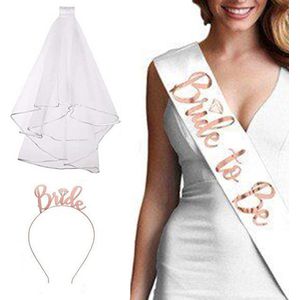iBright Luxe Bride to be 3 delige set - Vrijgezellenfeest bruid vrouw Accessoire - Rosé goud met sjerp, luxe sluier en diadeem