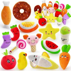 14 Pack Leuke Gevulde Pluche Fruit Snacks en Groenten Hondenspeelgoed voor Puppy Kleine Honden met Piepend Speelgoed