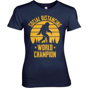 Dames Fun Tshirt -XXL- Social Distancing World Champion Blauw