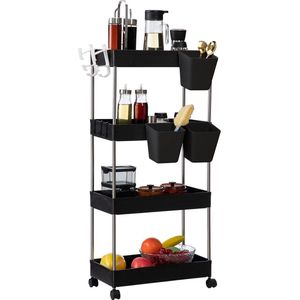 Opbergtrolley kar 4-laags opbergkar met wielen en hangende bekers - Multifunctioneel opbergrek voor keuken badkamer slaapkamer kantoor zwart keukentrolley