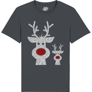 Rendier Buddies - Foute Kersttrui Kerstcadeau - Dames / Heren / Unisex Kleding - Grappige Kerst Outfit - Glitter Look - T-Shirt - Unisex - Mouse Grijs - Maat 4XL