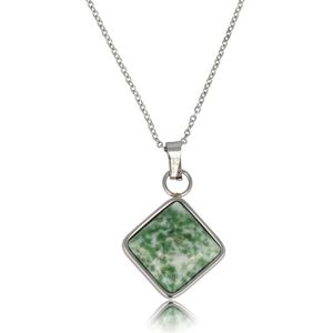 Ketting zilverkleurig met Green Spot Jade - Zilverkleurige Ketting met Green Spot Jade Hanger - Met luxe cadeauverpakking
