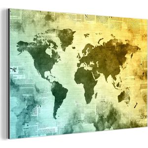 Wanddecoratie Metaal - Aluminium Schilderij Industrieel - Wereldkaart - Blauw - Geel - 120x80 cm - Dibond - Foto op aluminium - Industriële muurdecoratie - Voor de woonkamer/slaapkamer