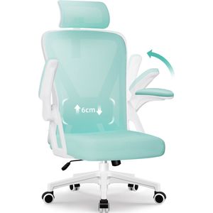 Hiaonyx bureaustoel-ergonomische bureaustoel-bureaustoelen voor volwassenenOpklapbare armleuningen-2D lendensteun-Maximale kanteling 135°-Wit Cyaan