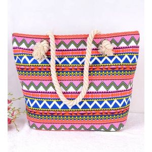 V&P Strandtas - met rits - Zigzag roze/blauw - Beachbag - Schoudertas - Tas - Bag - Shopper