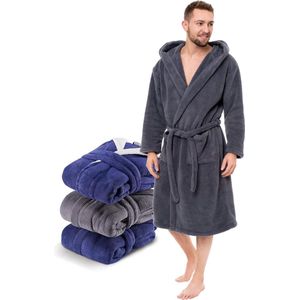 Zachte en behaaglijke kamerjas voor heren (XS, S, M, L, XL) - badjas van fleece microvezel (100% polyester) met capuchon, 2 zakken, riem en ophanglus