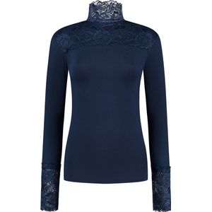 Haya's Closet - Hannah - (onder)Top met lange mouwen en bloemenkant - Marineblauw - Turtleneck