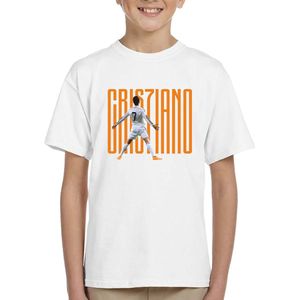 Ronaldo - Kinder T-Shirt - Wit - Maat 134/140 - T-Shirt leeftijd 9 tot 11 jaar - Voetbal shirt - Cadeau - Shirt cadeau - CR7 t-shirt - voetbal - verjaardag - Unisex Kids T-Shirt - Oranje tekst
