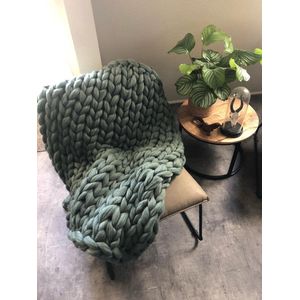 HOMEY & STUFF gebreide wollen deken XXL - 100% Handgemaakt Merino Lontwol Huisdecoratie Kleed - 120 x 150 cm - Melange Groen | Donker Groen