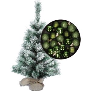 Besneeuwde mini kerstboom/kunst kerstboom 35 cm met kerstballen groen - Kerstversiering
