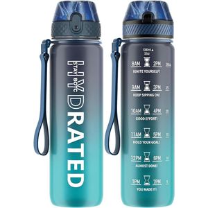 BOTC Waterfles - 1000ml - BPA vrij - Tritan - Waterfles met Rietje - Waterfles met tijdmarkering - Blauw/Grijs