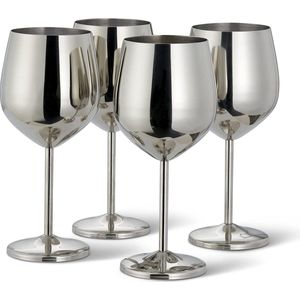 Oak & Steel 4 Zilveren RVS Wijnglazen (540ml) - Onbreekbare Metalen Rodewijnglazen, Geschikt voor Cocktails & Mixdrankjes, Glanzende Afwerking
