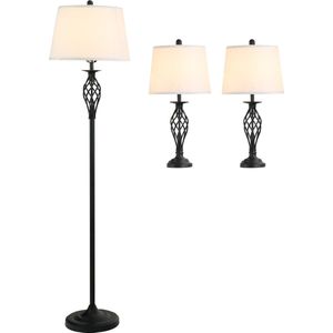 Driedelige set van 1 staande lamp en 2 tafellampen - Vloerlamp - Stalamp - tafellamp - Vintage - Klassiek - Zwart/wit