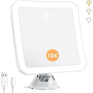 Oplaadbare Make-upspiegel LED Verlicht met 10X Vergroting, Sterke Zuignap en 3 Lichtkleuren, 2000mAh, Traploos Dimbare Make-upspiegel voor Thuis en Onderweg