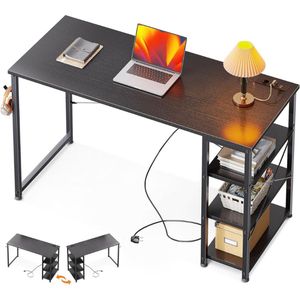 Bruin Bureau 120x40x75 cm - Computertafel Met 3 Stopcontacten - USB- & Type C-oplaadpunten En Omkeerbaar Rek Voor Kantoor of Woonkamer