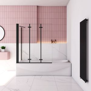 Zwart douchescherm voor badkuip, badkuipbevestiging, vouwwand 130x70x140 cm ,6 mm helder NANO veiligheidsglas