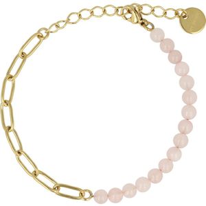 My Bendel - Gouden schakelarmband met Roze Quartz edelstenen - Combinatie van een gouden schakelarmband met Roze Quartz edelstenen - Met luxe cadeauverpakking