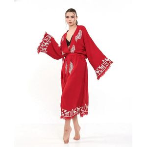 Trimita Hitit - Lange Kimono Badjas- 100% Katoen Hydrofiel Stof - Fair Trade Badjassen - Heerlijk Zacht, Licht en Handgemaakt - Perfect voor Thuis, Sauna of Spa, Strand-Rood -