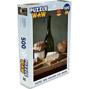 Puzzel Rustiek - Brie - Stilleven - Fles - Brood - Legpuzzel - Puzzel 500 stukjes