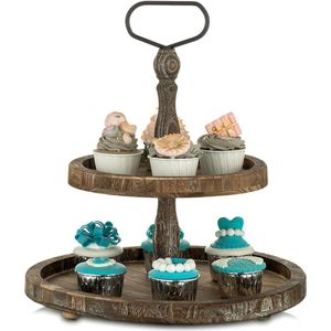 NUPTIO 2-Tier Tray Wooden Stand Farmhouse Afternoon Tea Stand for Kitchen Worktop Home Decor Rustic Cake Stand Double Tray for Christmas Thanksgiving Birthday Wedding Decor