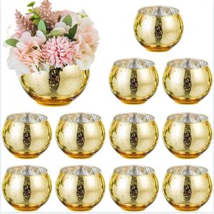 Gold Tea Light Holders – Set of 12, 7.6cm Glass Votive Holders for Weddings, Dining, and Holiday Decor.