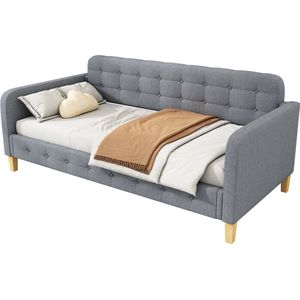 Merax Slaapbank 90x200 cm – Stijlvol Daybed met Lattenbodem en Knoopnagel Decoratie – Eenpersoons Bedbank Zonder Matras – Grijs Linnen