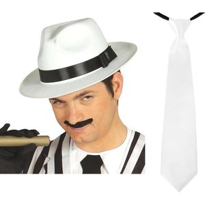 Carnaval verkleed set compleet - gangster/maffia hoedje met stropdas - wit - volwassenen - verkleedkleding