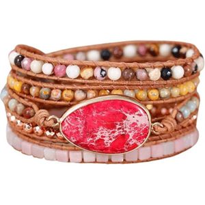 Marama - wikkelarmband Pink Agate - dames armband -  Agaat - 85 cm - cadeautje voor haar