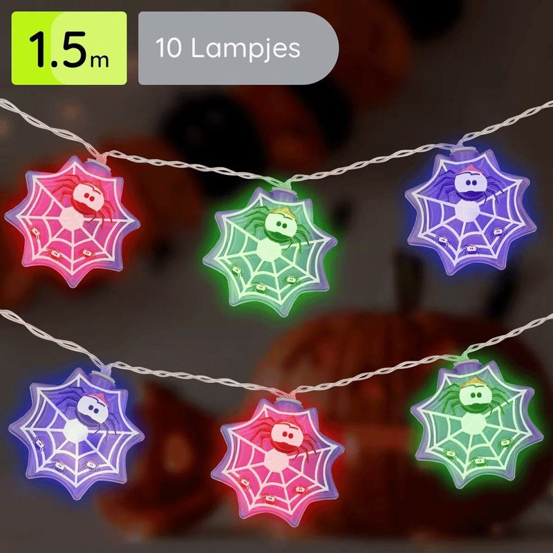 Halloween Lichtsnoer Spinnenweb Gekleurd - 1.5 Meter - 10 LED Lampjes - Inclusief Batterijen - Gekleurd Licht
