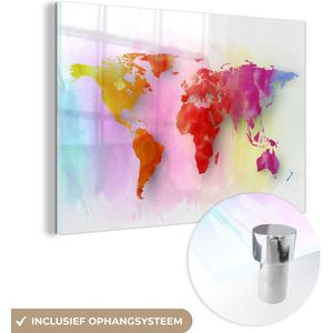 MuchoWow® Glasschilderij 180x120 cm - Schilderij acrylglas - Wereldkaart - Aquarel - Regenboog - Foto op glas - Schilderijen