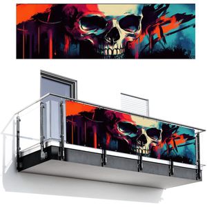 Balkonscherm 300x90 cm - Balkonposter Schedel - Abstract - Rood - Blauw - Graffiti - Balkon scherm decoratie - Balkonschermen - Balkondoek zonnescherm