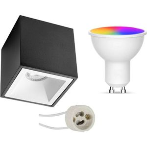 Opbouwspot Set GU10 - Oficto - Smart LED - Wifi LED - Slimme LED - 5W - RGB+CCT - Aanpasbare Kleur - Dimbaar - Afstandsbediening - Proma Cliron Pro - Opbouw Vierkant - Mat Zwart/Wit - Verdiept - 90mm