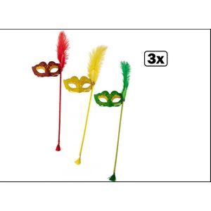 3x Carnaval oogmasker op stok rood geel groen 25cm x 10cm - Carnaval venetie thema feest festival party fun