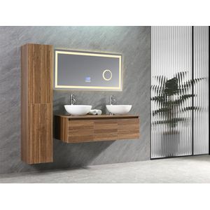 Badkamermeubel J-120 - kleur Naturel Eiken - 2 wit keramiek Waskommen - Bluetooth LED-Spiegel - Kolomkast