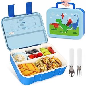 SHOP YOLO-lunchbox kinderen -1,25l-bento box-lunch containers met 5 vakken-lunchbox voor peuters met sauspot-lepel en vork-blauw