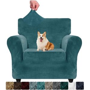 Fluwelen stoelhoes 1-zits dikke stretch bankovertrek honden antislip armleuningen woonkamer - pauwenblauw