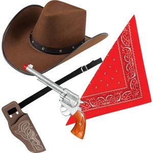 Carnaval verkleeds set cowboyhoed Billy - bruin - rode hals zakdoek - holster met revolver