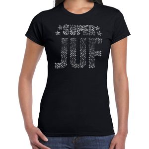 Glitter Super Juf t-shirt zwart met steentjes/ rhinestones voor dames - Lerares cadeau shirts - Glitter kleding/foute party outfit L