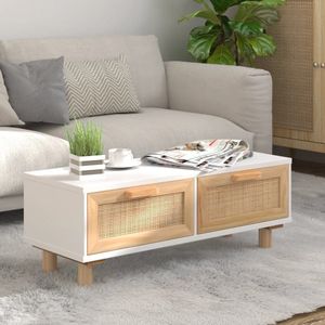 The Living Store Salontafel Rattan - 80 x 40 x 30 cm - wit - bewerkt hout - massief grenenhout