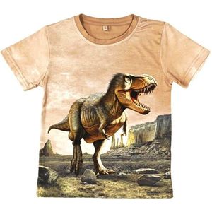 T-shirt met dino's, camel, full colour print, kids, kinder, maat 98/104, dinosaurus, stoer, mooie kwaliteit!
