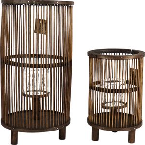 Lantaarn windlicht hout Saigon bruin 40,5 cm set 2 stuks