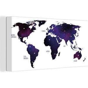 Canvas Wereldkaart - 40x20 - Wanddecoratie Wereldkaart - Sterrenhemel - Paars