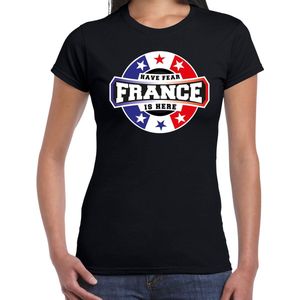 Have fear France is here t-shirt met sterren embleem in de kleuren van de Franse vlag - zwart - dames - Frankrijk supporter / Frans elftal fan shirt / EK / WK / kleding XS