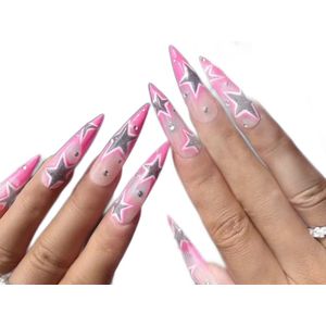 Nep nagels - Plak nagels - 24 stuks - Almond shape - Roze ster - Kunstnagels - Press on nails - Almond shape nails - Lange nagels