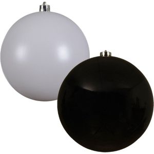 2x stuks grote kerstballen van 20 cm glans van kunststof wit en zwart - Kerstversiering