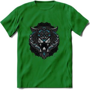 Tijger - Dieren Mandala T-Shirt | Lichtblauw | Grappig Verjaardag Zentangle Dierenkop Cadeau Shirt | Dames - Heren - Unisex | Wildlife Tshirt Kleding Kado | - Donker Groen - M