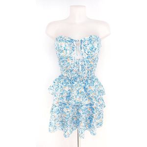 Ruffle tie up jurk - Blauw/wit/geel - Halterjurkje met aantrekkoord - Strapless jurk met bloemenprint - Zomerjurk met laagjes - Festival outfit - Bandeau jurk - One-size - Een maat