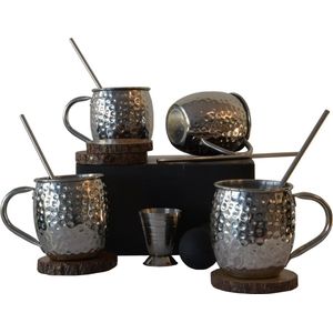 Chefs Cuisine Moscow Mule Cocktail Beker Geschenkset - cocktail glazen - moscow mule bekers - 500 ml bekers Inclusief 4 Rietjes, 4 onderzetters, 2 ice molds & jigger