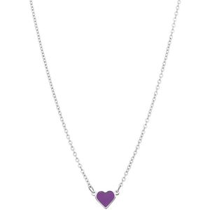 Lucardi - Kinder Stalen ketting met hart emaille violet - Ketting - Staal - Zilverkleurig - 40 cm